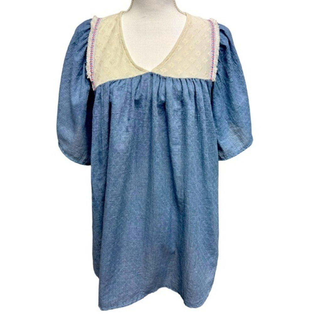 Umgee Chambray Blue White Lace Boho Swing Fringe Embroidery Womens Top Size L
